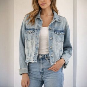 Ashley Vintage Charm Distressed Cropped Denim Jacket Large